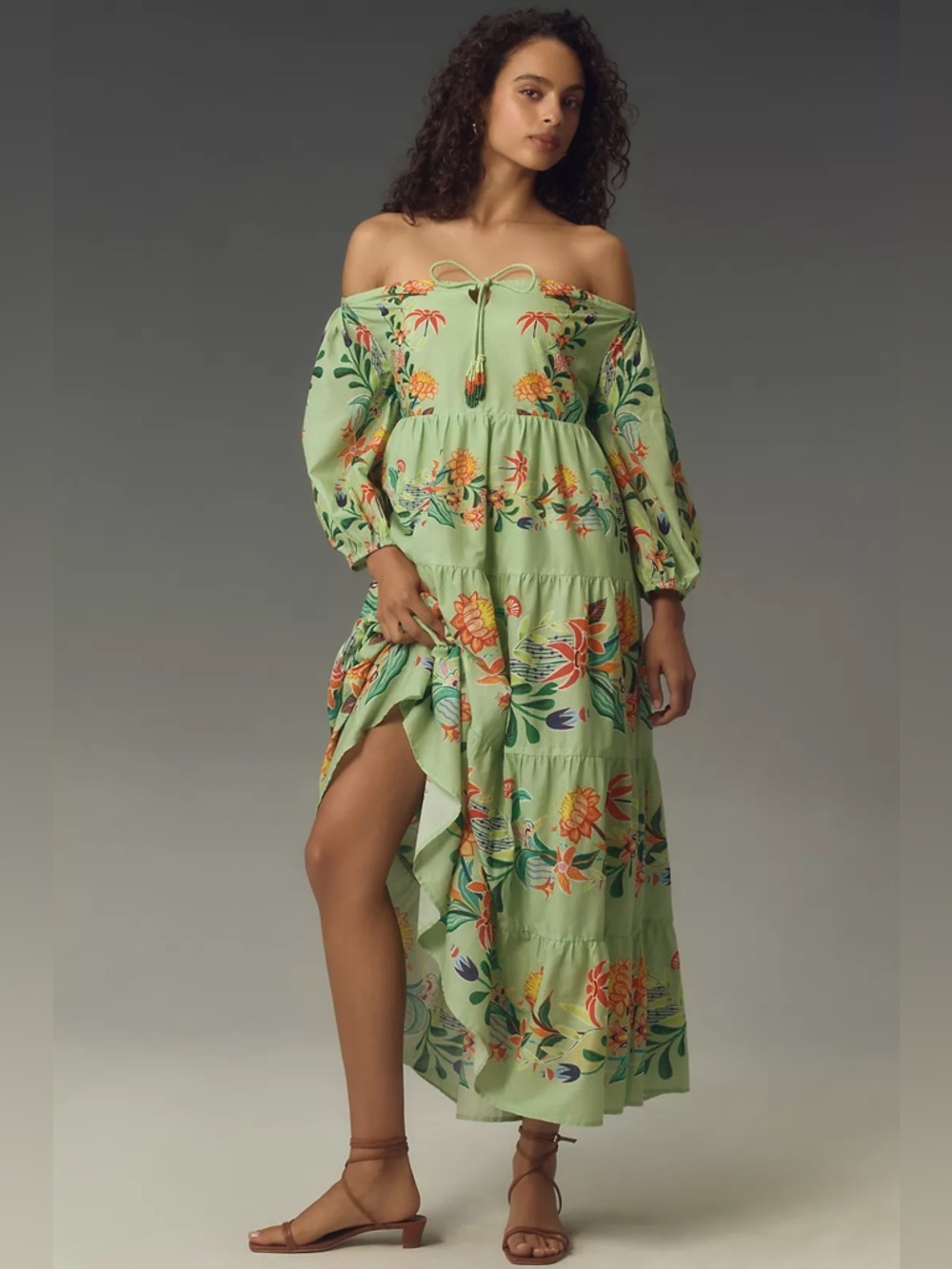 Farm Rio Green Off-The-Shoulder Long-Sleeve Tiered Floral maxi dress